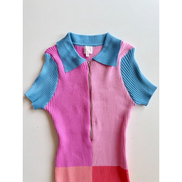 DEE ELLY Pink Colorblock Ribbed Knit Half Zip Mini Polo T-Shirt Dress, Size S - Picture 4 of 10